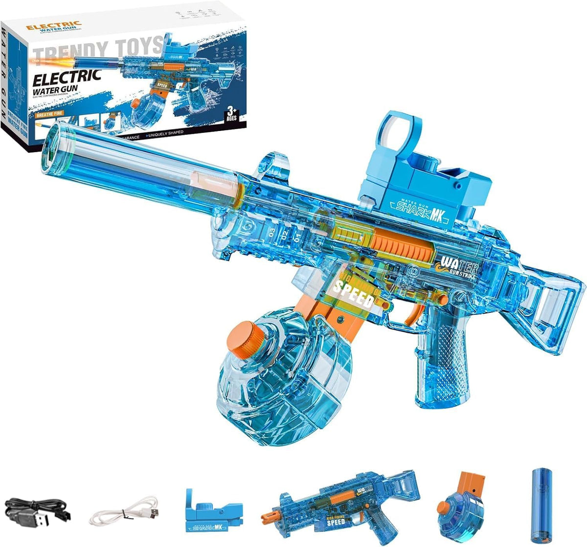 Pistola de agua eléctrica, adecuada para niños y adultos, tanque de agua de gran capacidad, luz LED con efecto de llama bozal, piscina al aire libre, juguete de batalla de playa (MP5-azul)