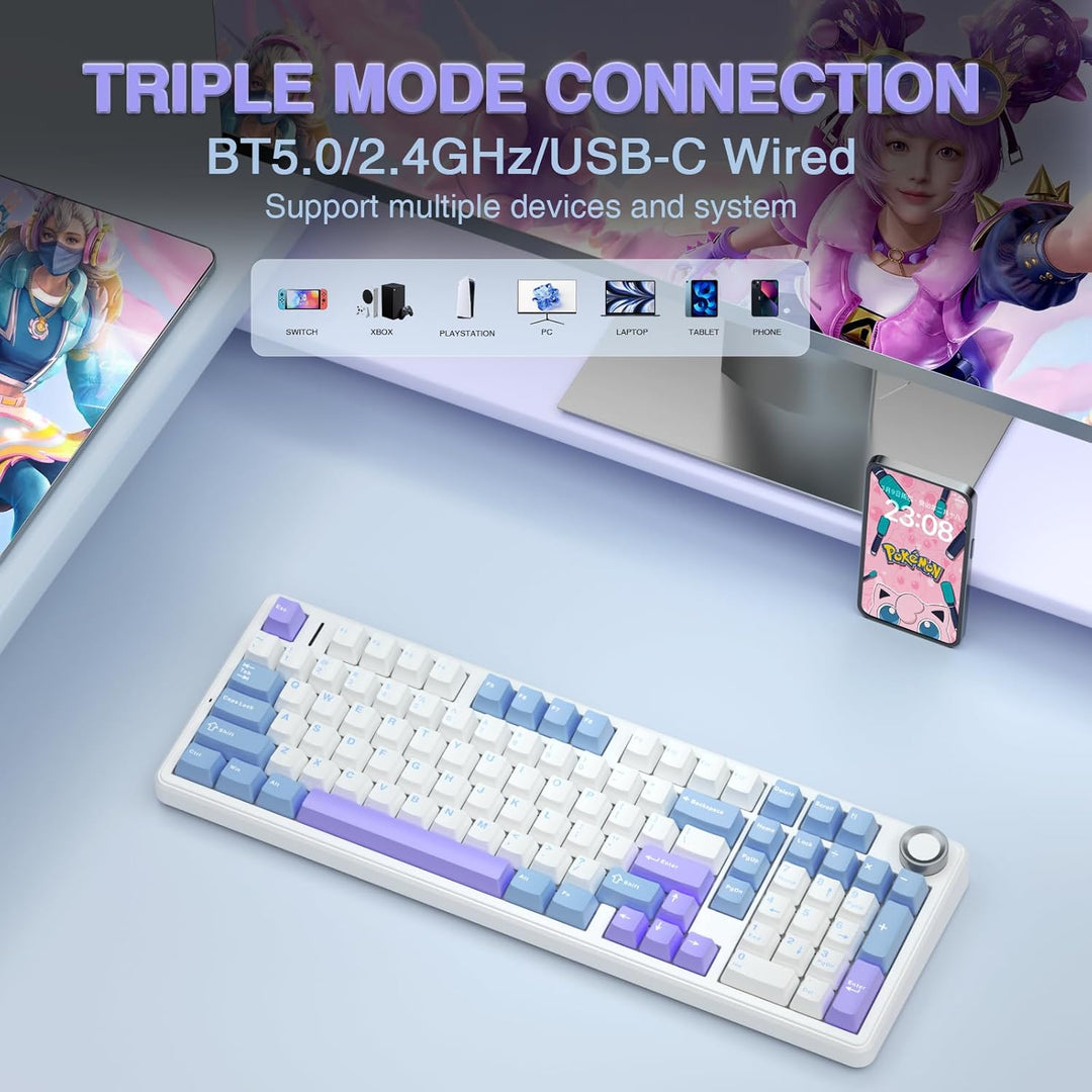 Teclado mecánico inalámbrico AULA F99 Pro con perilla, sonido cremo...