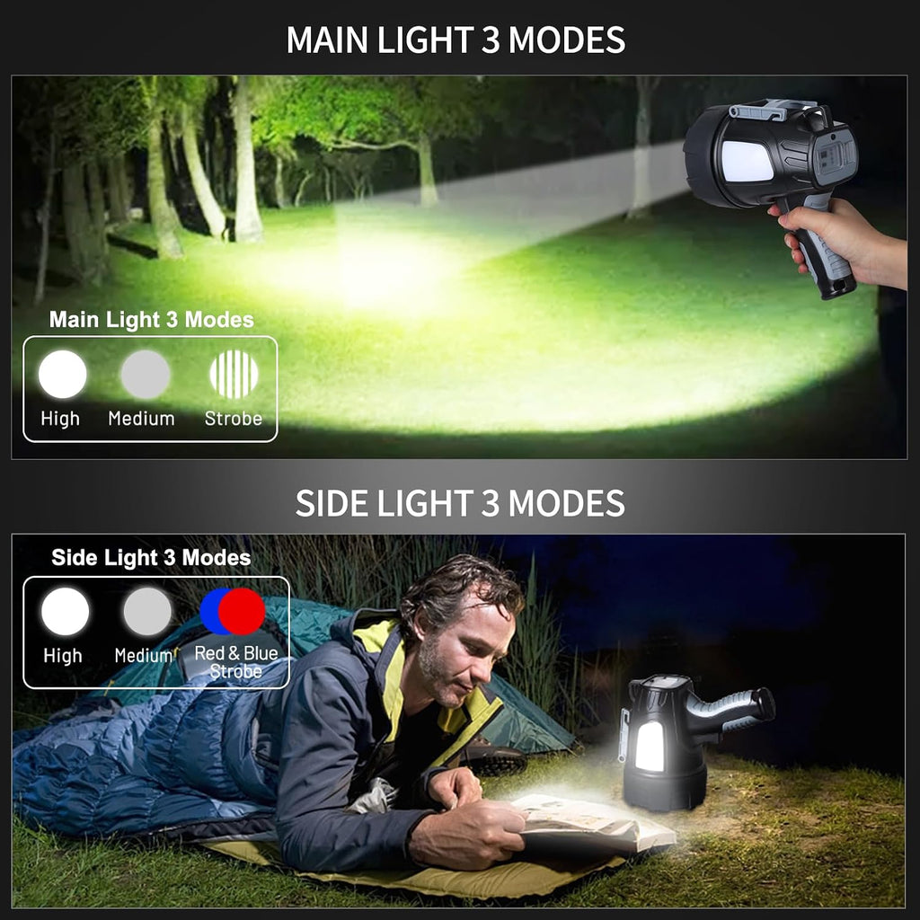 Linterna de foco recargable, 99,000 lúmenes, proyector LED súper brillante con 6 modos y trípode plegable, potente luz puntual de 30 horas de larga duración, luz de punto de mano para navegación al aire libre