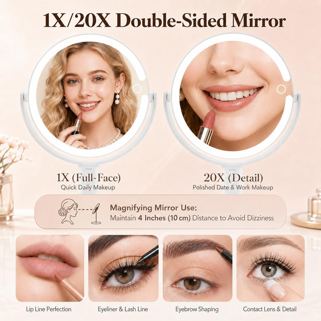 Espejo de maquillaje con luces, espejos de aumento 20X, altura ajustable, espejo de tocador con luces recargable, 3 modos de color, espejos de viaje desmontables de doble cara, regalo para mujeres, blanco
