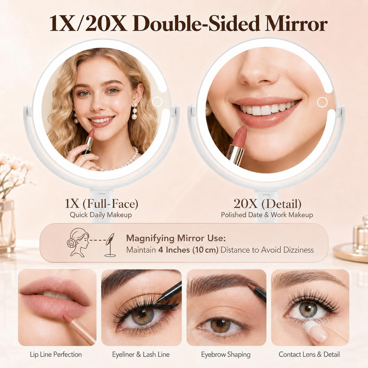Espejo de maquillaje con luces, espejos de aumento 20X, altura ajustable, espejo de tocador con luces recargable, 3 modos de color, espejos de viaje desmontables de doble cara, regalo para mujeres, blanco