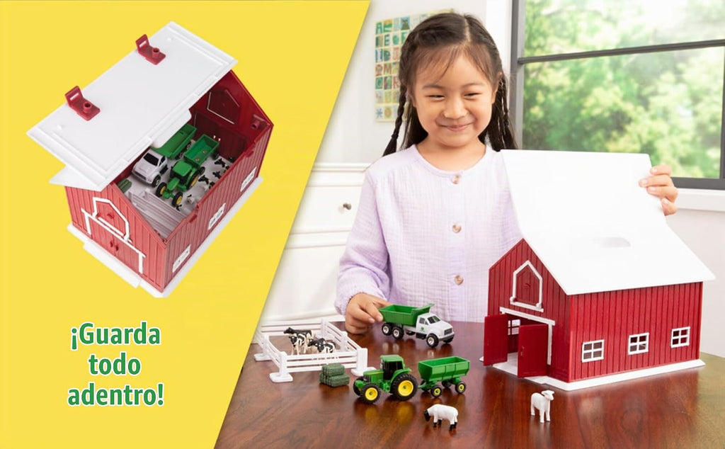 Tomy John Deere - Juego de granero rojo para niños, escala 1:64