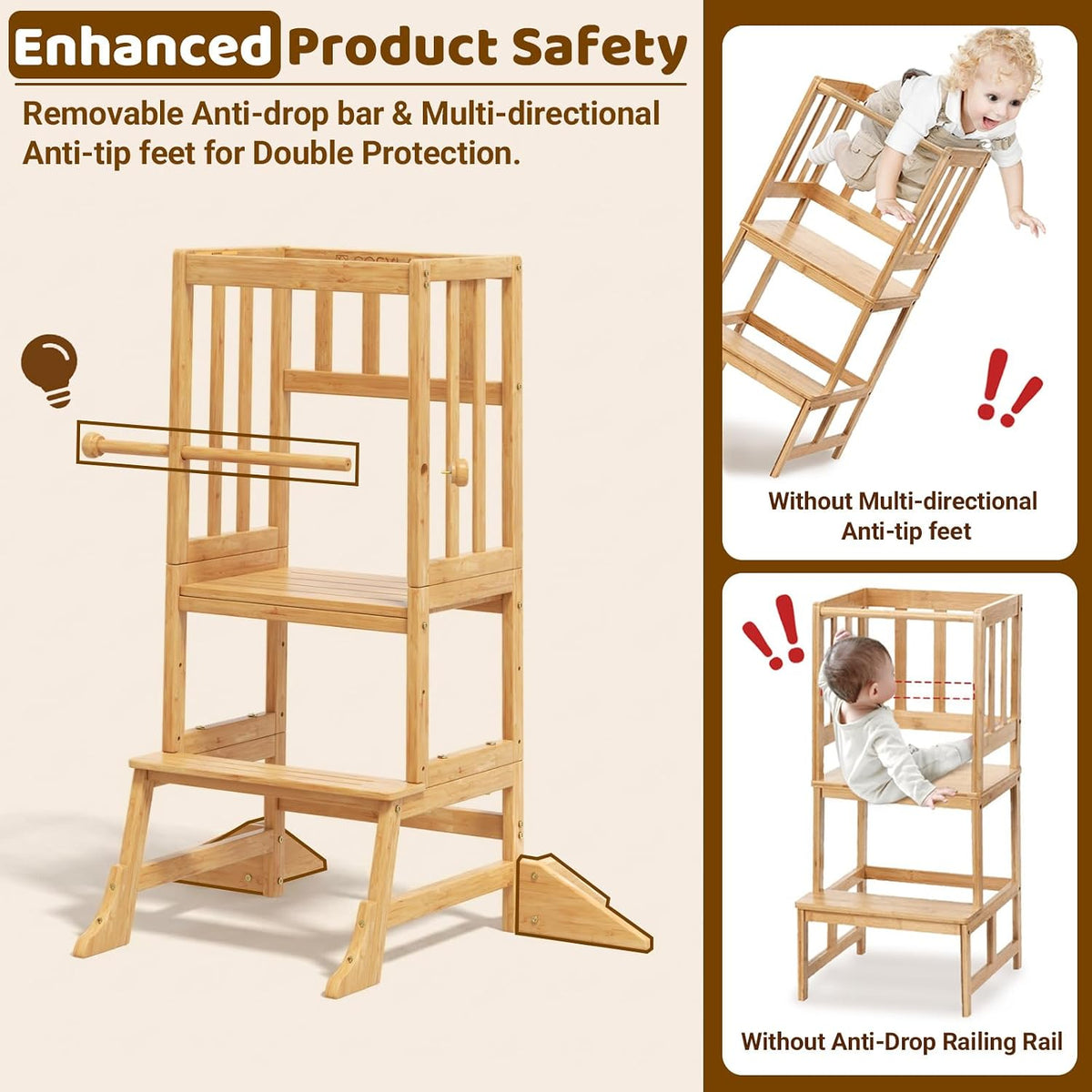 COSYLAND Torre de Pie para Niños Pequeños - Taburete Ayudante de Cocina de Altura Ajustable para Niños Pequeños - Taburete Escalón de Cocina para Niños para Aprender con Barandilla de Seguridad