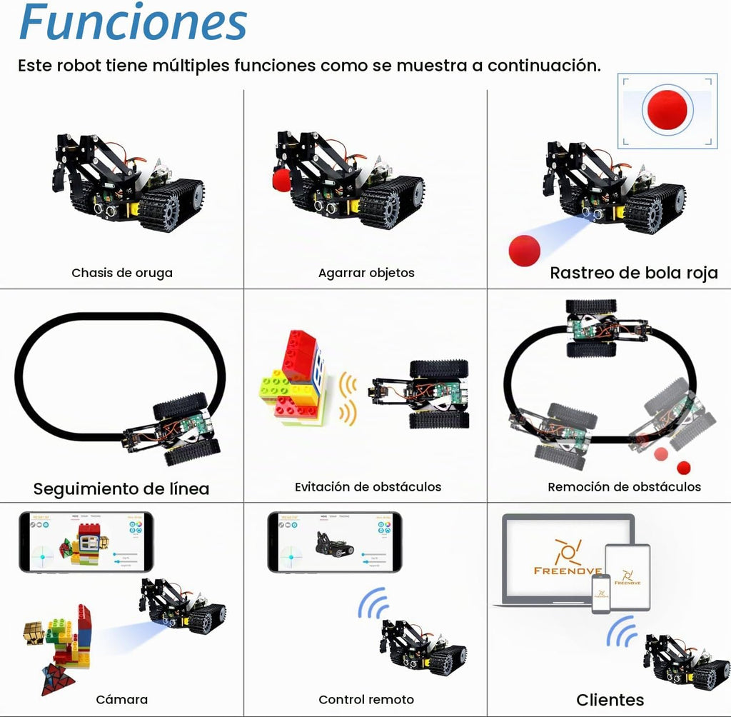 Freenove Kit de robot tanque para Raspberry Pi 5 4 B 3 B+ Zero 2 W, chasis de orugas, objetos de agarre, trazado de bolas, seguimiento de línea, prevención de obstáculos, control de aplicaciones, cámara, servo (frambuesa Pi no incluida)