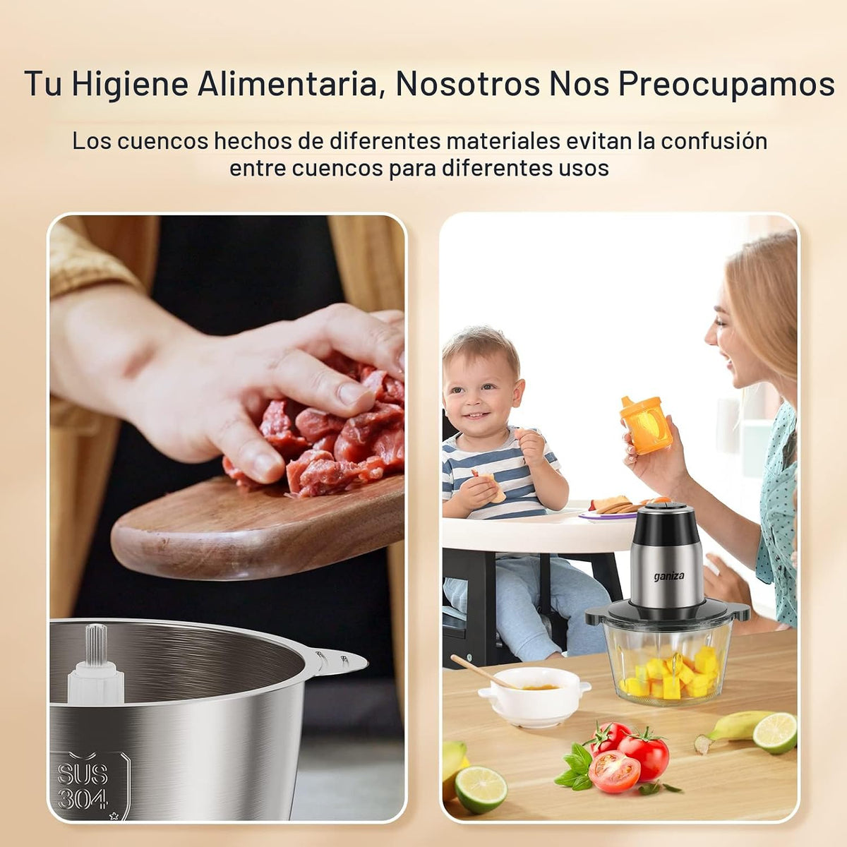Procesadores de Alimentos Ganiza con 2 tazones, Picadora de Carne y Vegetales de 450W
