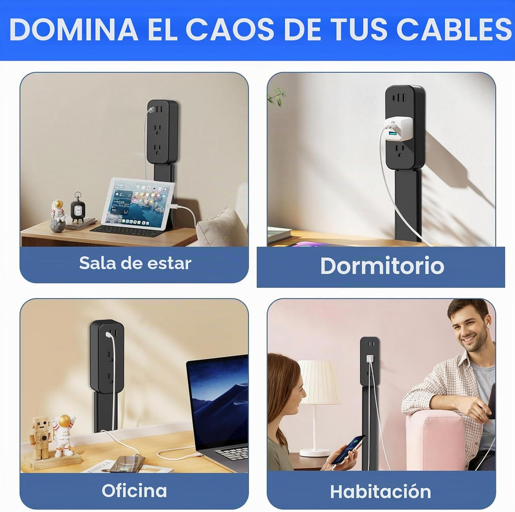 Extensor de toma de corriente eléctrica: cuenta con USB-A, USB-C y 2 salidas de CA, se extiende de 22 a 34 pulgadas, gira tomas de acceso de 180° de difícil acceso, enchufe de pared, mesitas de noche