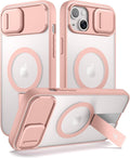 SURITCH Funda para iPhone 13/14, compatible con MagSafe, soporte integrado y cubierta de cámara y parte trasera translúcida, funda protectora resistente a prueba de golpes de 6.1 pulgadas, rosa