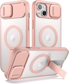 SURITCH Funda para iPhone 13/14, compatible con MagSafe, soporte integrado y cubierta de cámara y parte trasera translúcida, funda protectora resistente a prueba de golpes de 6.1 pulgadas, rosa