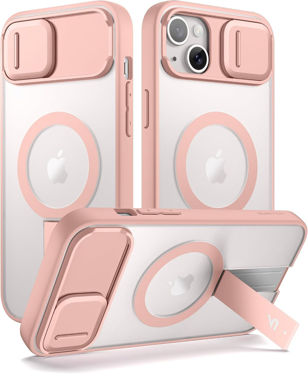 SURITCH Funda para iPhone 13/14, compatible con MagSafe, soporte integrado y cubierta de cámara y parte trasera translúcida, funda protectora resistente a prueba de golpes de 6.1 pulgadas, rosa