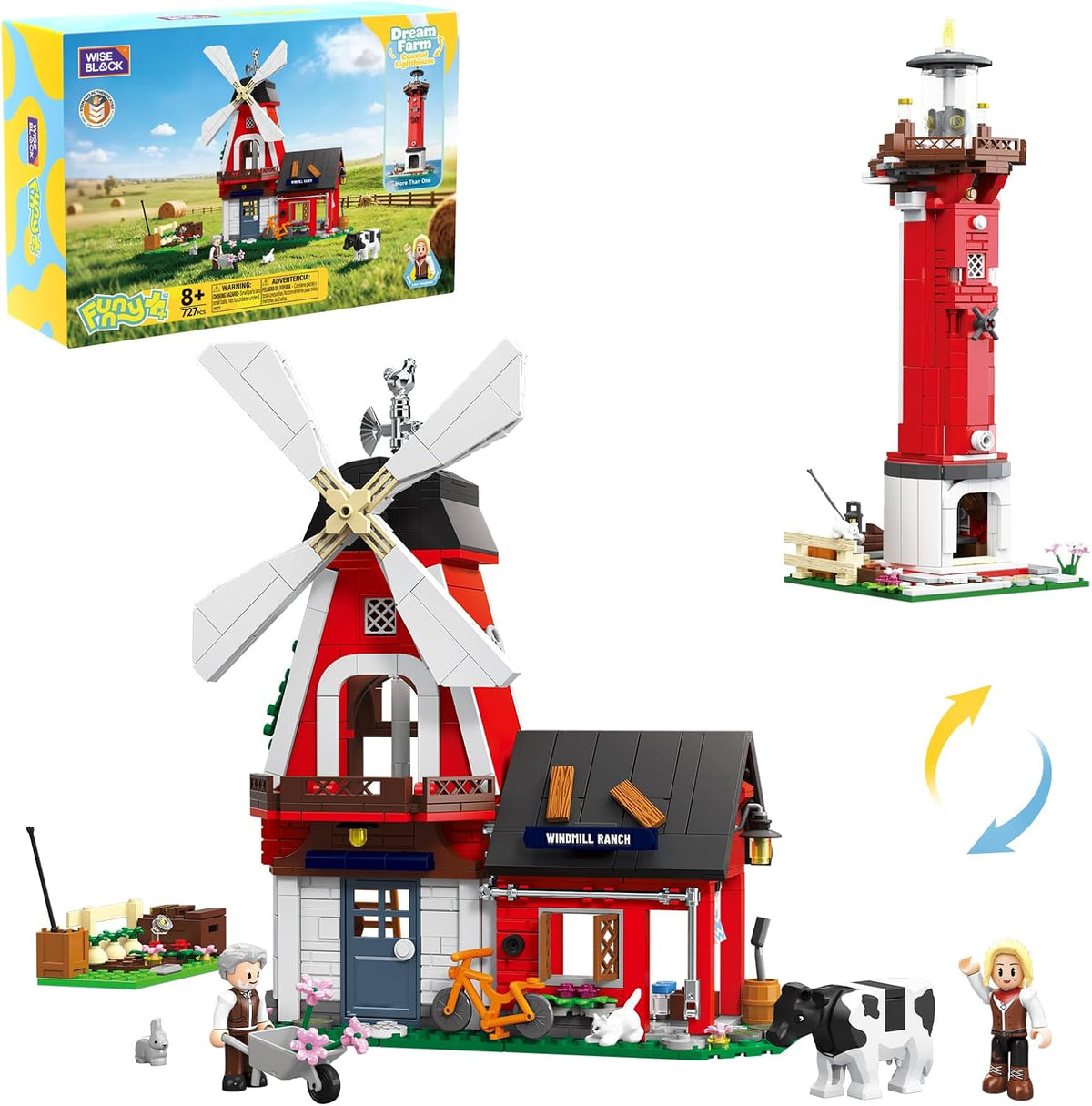 Wise Block 2 en 1 Farm & Lighthouse - Juego de construcción de 727 piezas