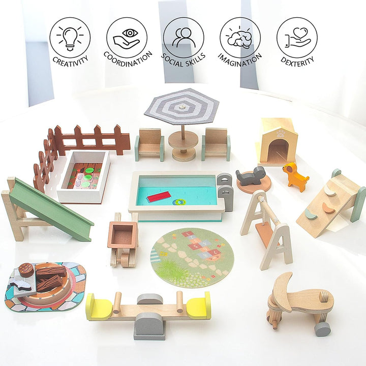 HAPGFS Casa de muñecas de madera, muebles y accesorios para exterio...