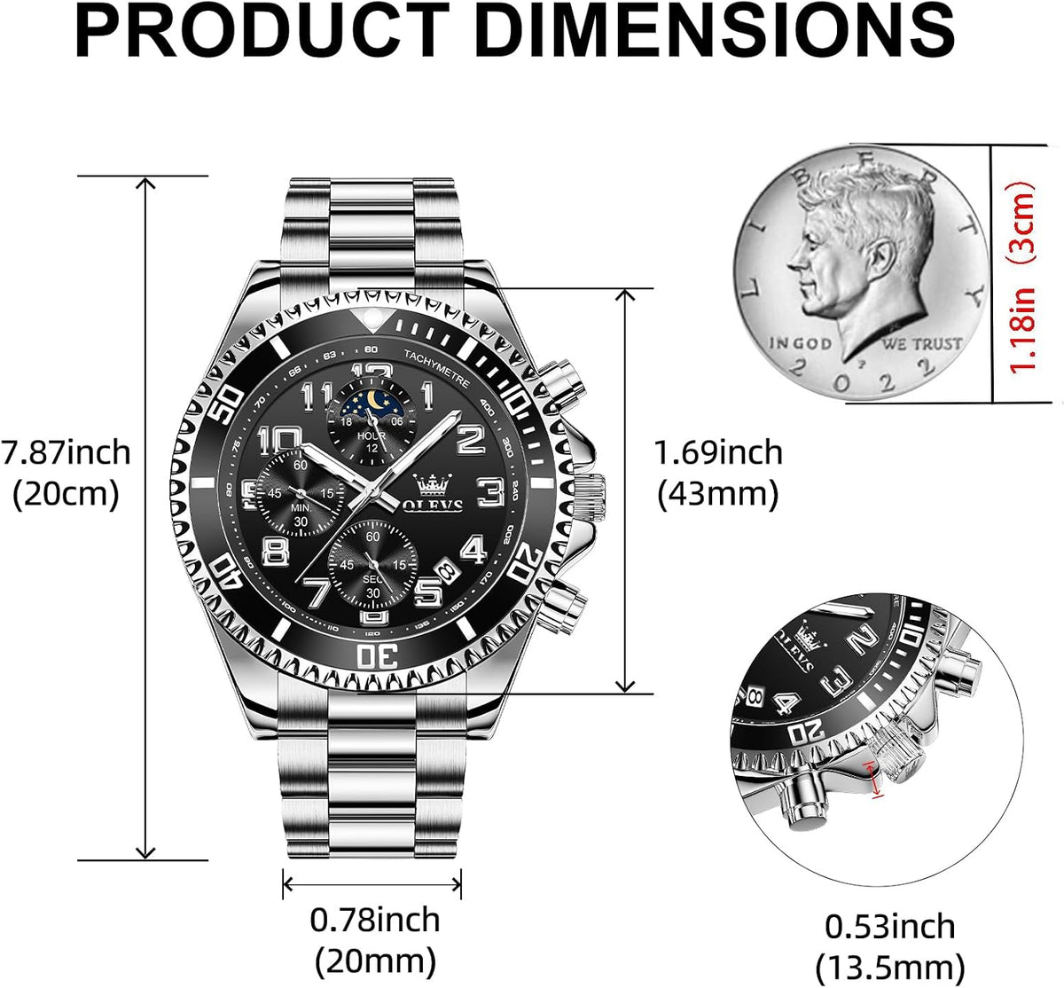 OLEVS Reloj de caballero lujo cronógrafo acero inoxidable pulsera vestimenta impermeable reloj analógico de cuarzo gran esfera luminosa