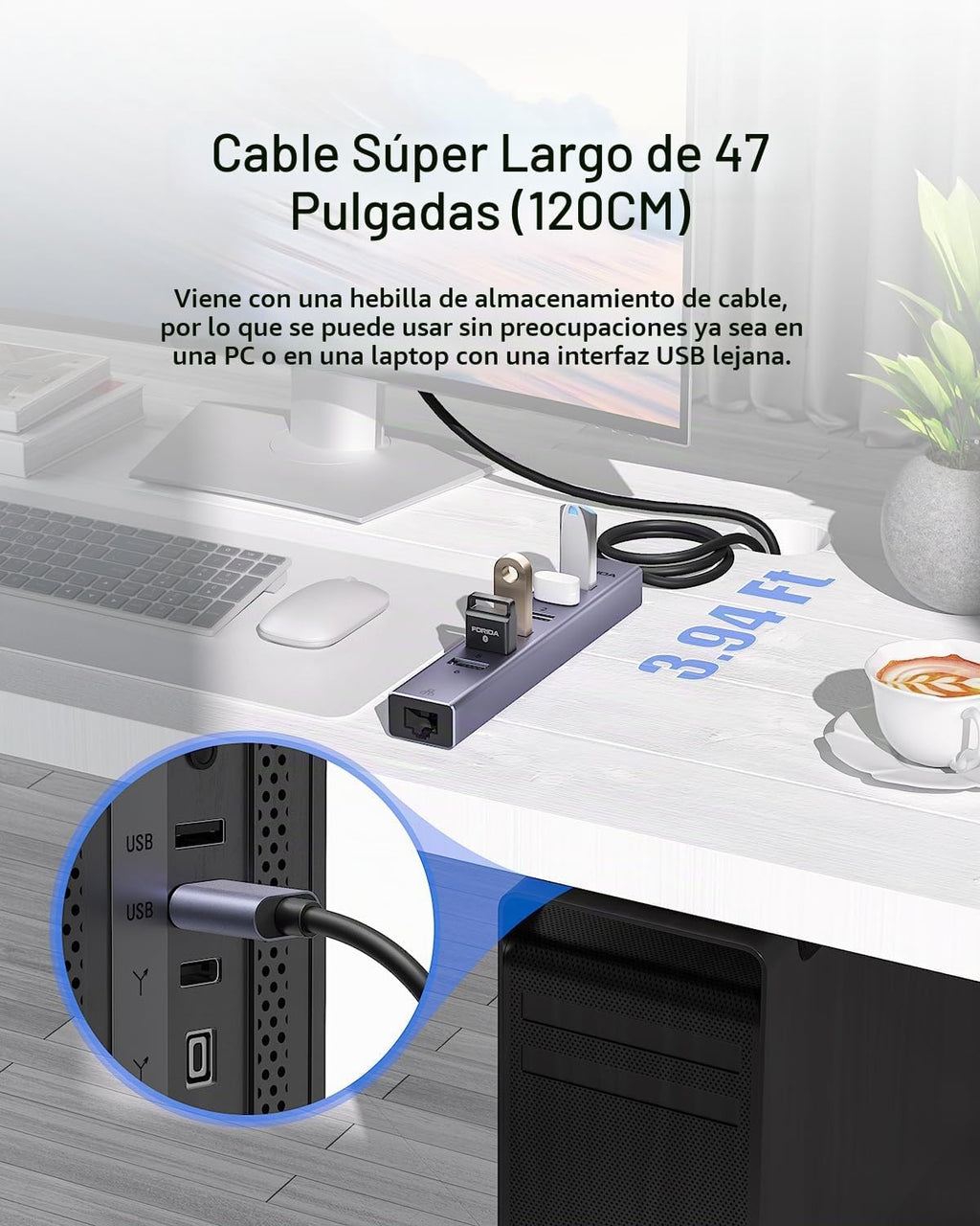 FORIDA, hub USB 8 de 7 puertos, con puerto de carga inteligente, adaptador 5V/3A