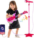 Juego de guitarra y micrófono para niñas, máquina de karaoke con música y luz, juguetes de micrófono con soporte, juguetes de guitarra de altura ajustable para niños, niños pequeños (rojo)
