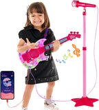 Juego de guitarra y micrófono para niñas, máquina de karaoke con música y luz, juguetes de micrófono con soporte, juguetes de guitarra de altura ajustable para niños, niños pequeños (rojo)