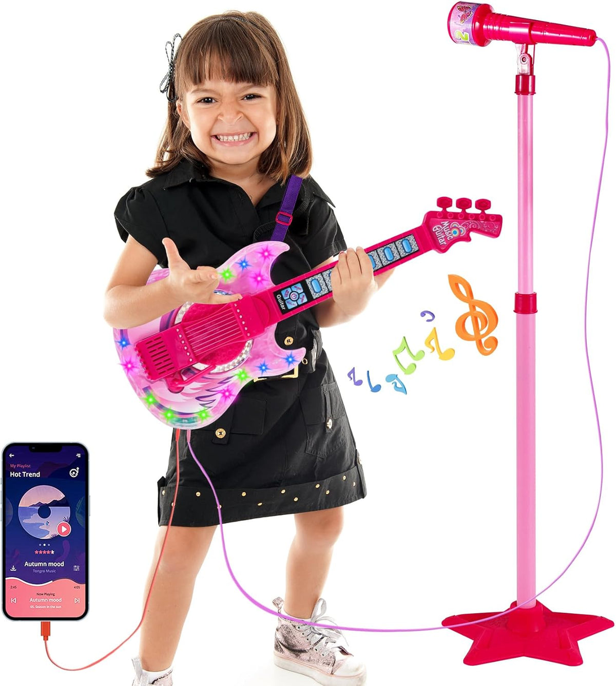Juego de guitarra y micrófono para niñas, máquina de karaoke con música y luz, juguetes de micrófono con soporte, juguetes de guitarra de altura ajustable para niños, niños pequeños (rojo)