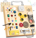 Montessori - Tablero de actividades sensoriales y luces LED para niños pequeños, tablero de madera con cajas de música y cerraduras y 17 luces LED, juguete educativo de viaje, regalo de cumpleaños