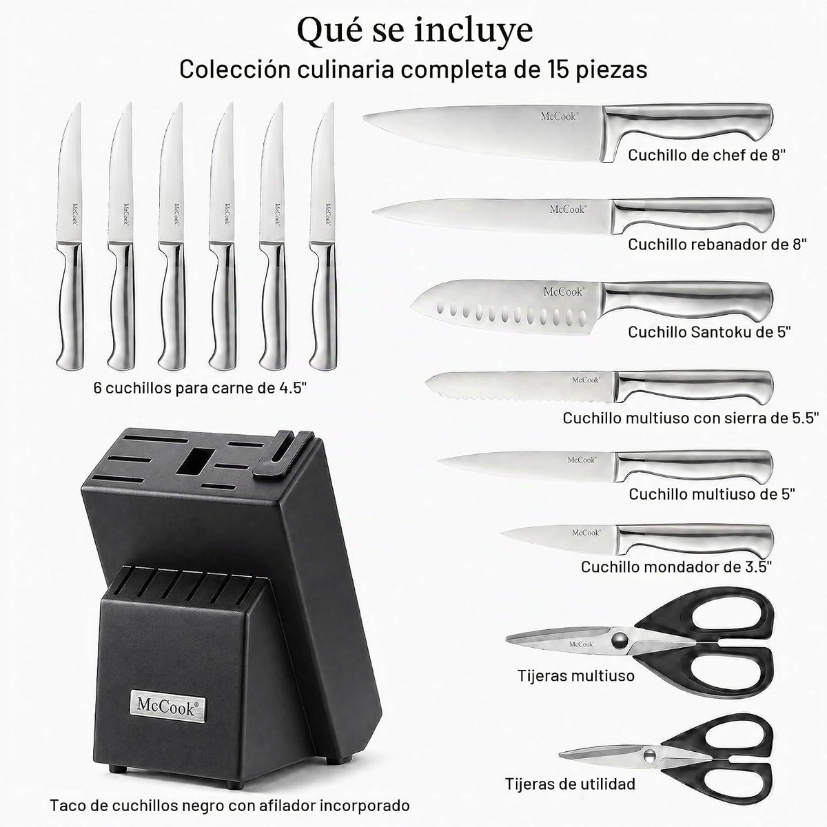 Juego de cuchillos McCook Sharp con bloque de cocina y afilador incorporado