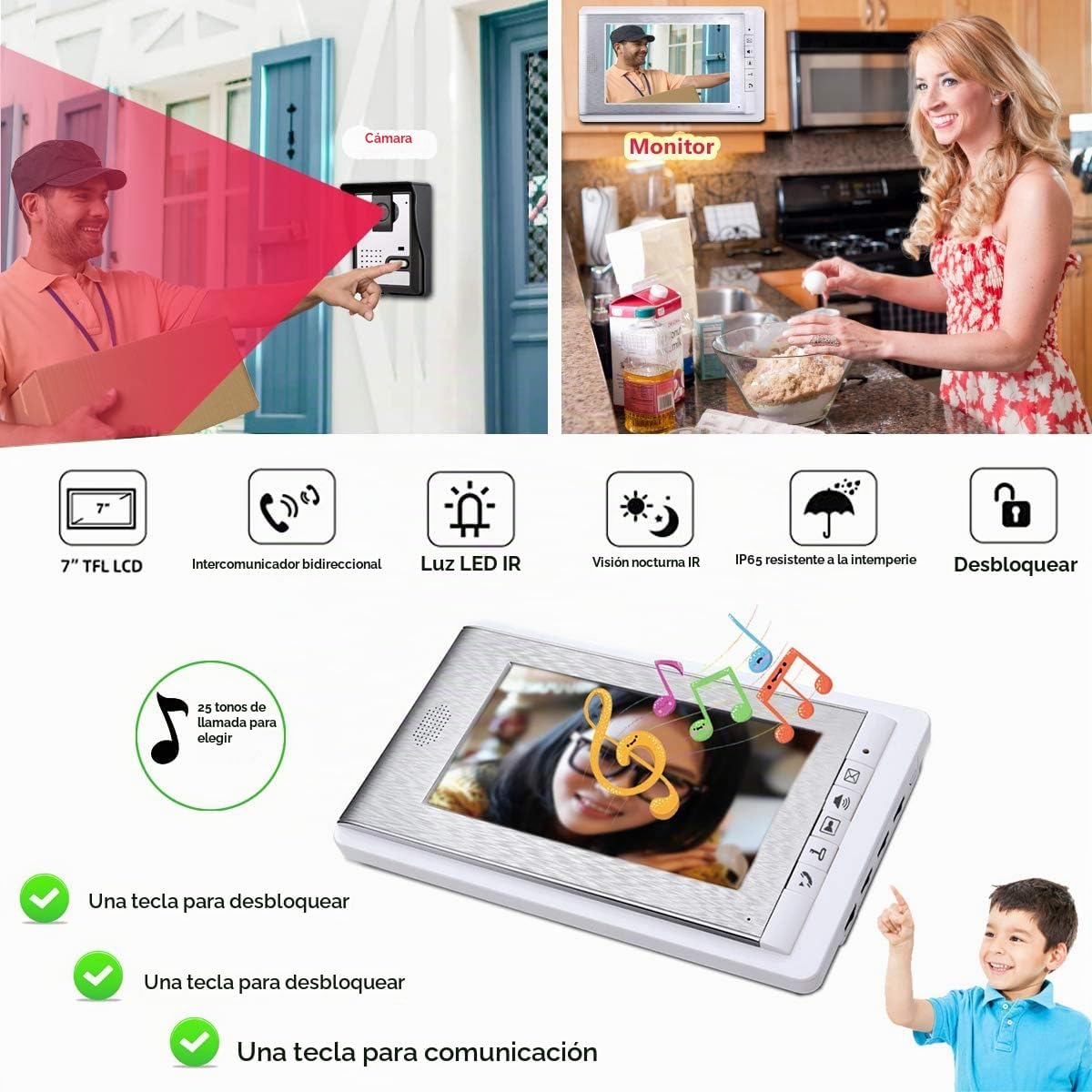 Sistema de intercomunicación video con cable, kit video del timbre