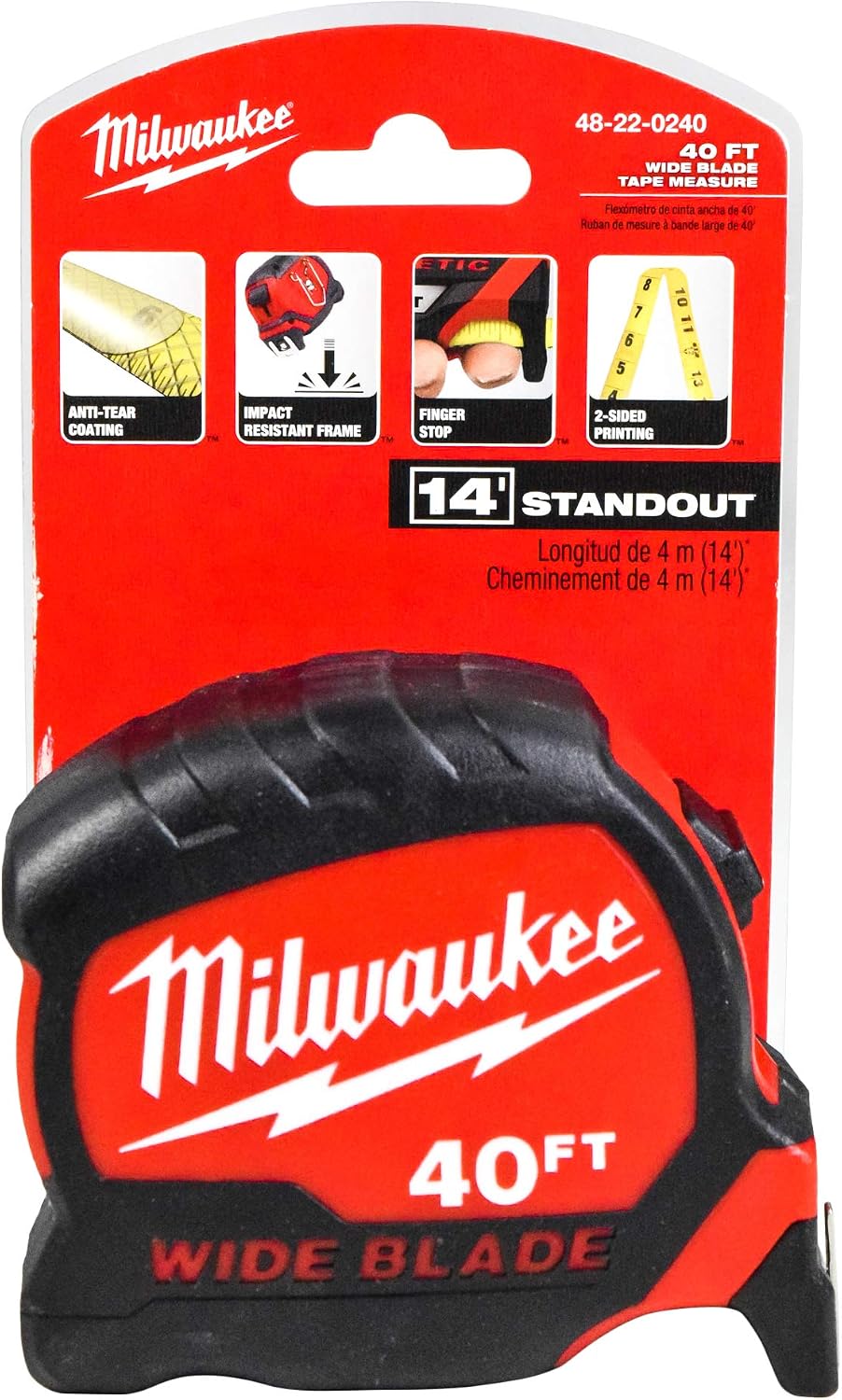 Milwaukee 48-22-0240 Cinta métrica de hoja ancha de 40 pies x 1.3 pulgadas (paquete individual)