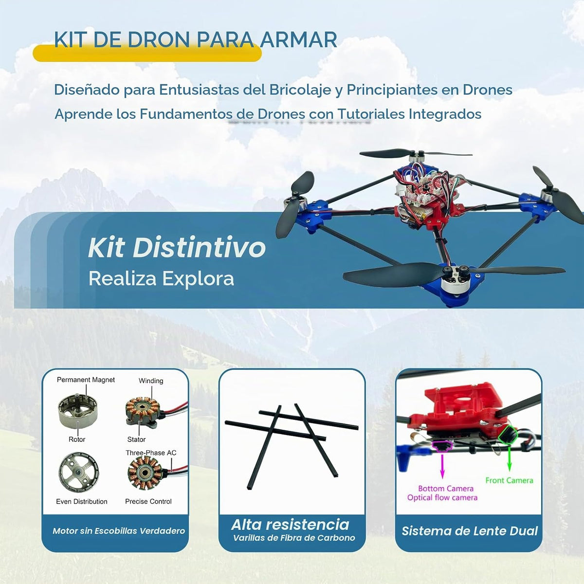 Kit de dron DIY con motor sin escobillas y cámara dual, proyecto de construcción STEM con flujo óptico flotante, giros de 360°, controles de un solo clic para que los principiantes aprendan ingeniería