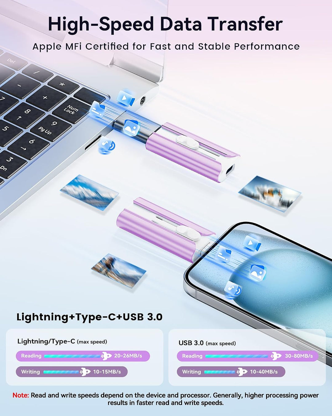 Unidad Flash Certificada MFi 256GB para iPhone Lápiz de Pulgar, USB...