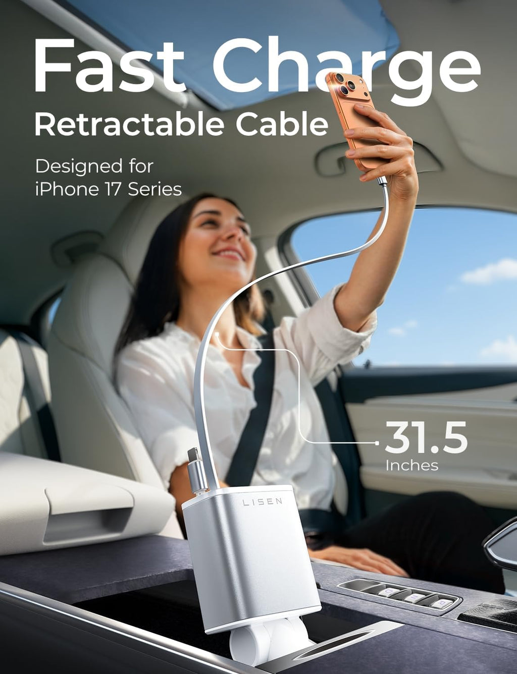 LISEN Cargador retráctil para automóvil [2 unidades, más largo de 6.6 pies y 3.3 pies] cargador de coche retráctil 4 en 1, bonitos accesorios de automóvil femeninos para mujeres y hombres, compatible