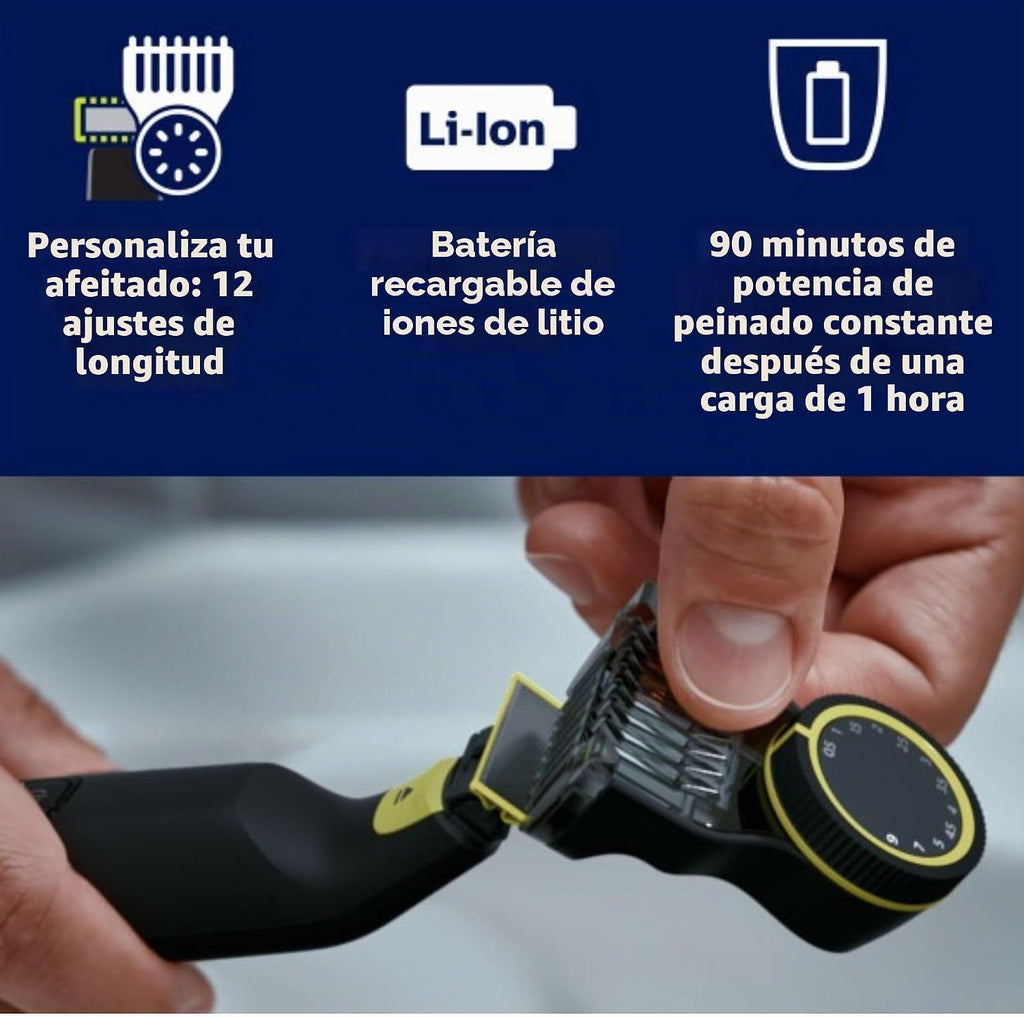 PHILIPS OneBlade Pro Face + Body Recortadora y Afeitadora Eléctrica Híbrida, recargable, peine de precisión ajustable de 14 longitudes, kit para cuerpo, hoja de doble cara, uso en húmedo y seco, estuche de viaje
