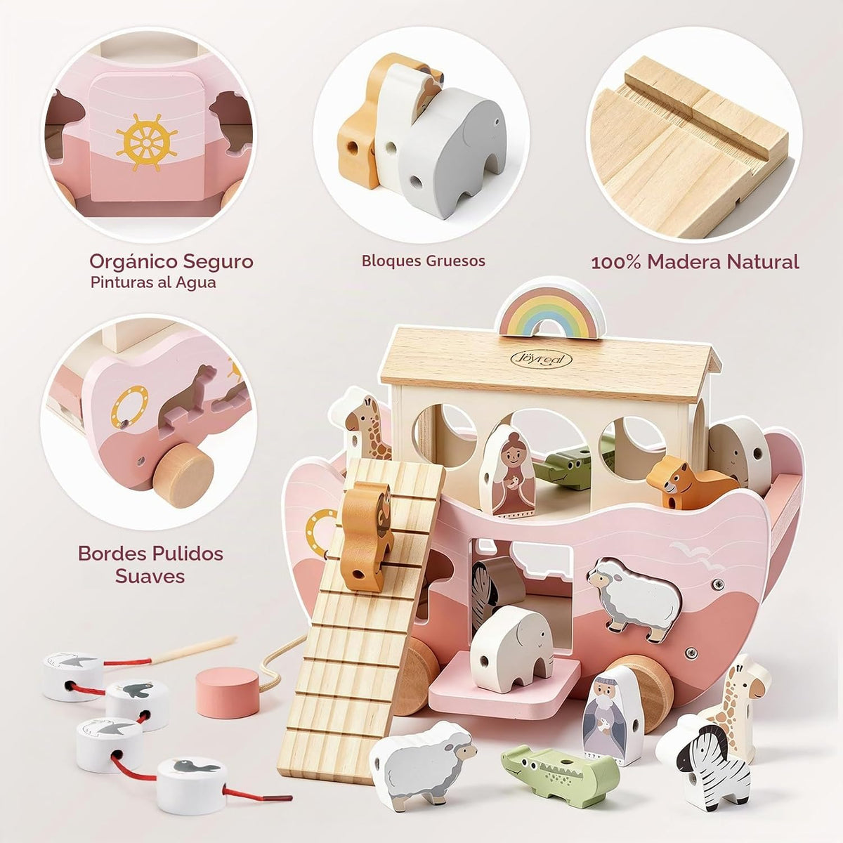 Joyreal Juguete de madera rosa del arca de Noé para regalos de bautismo de