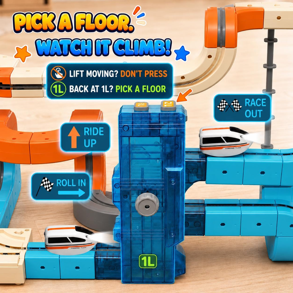 Juego de tren eléctrico de 106 piezas, elevador de 3 niveles