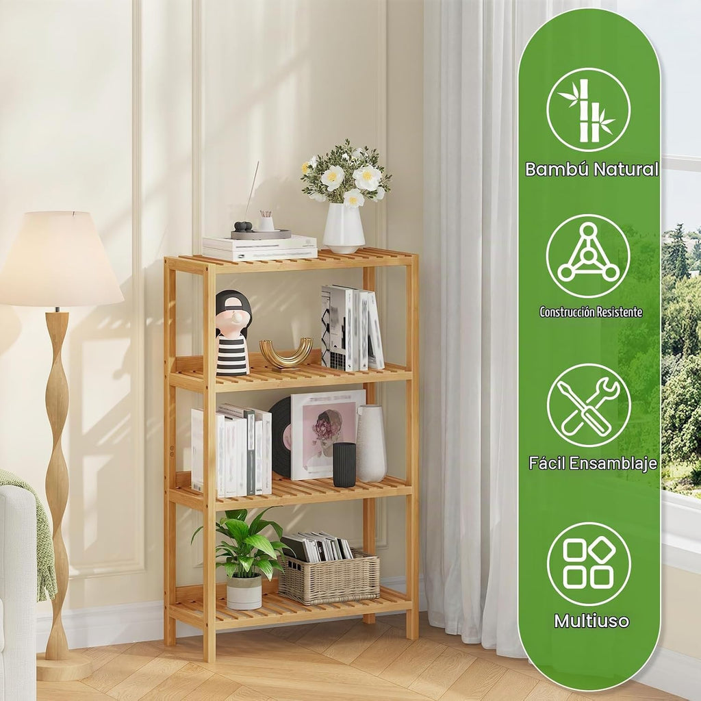HOOBRO Estante de almacenamiento de bambú, estantería independiente de 4 niveles, estante de almacenamiento multifuncional con panel trasero, 23.6 x 10.2 x 39.4 pulgadas, para baño, sala de estar, balcón, cocina, natural YL95CJ01