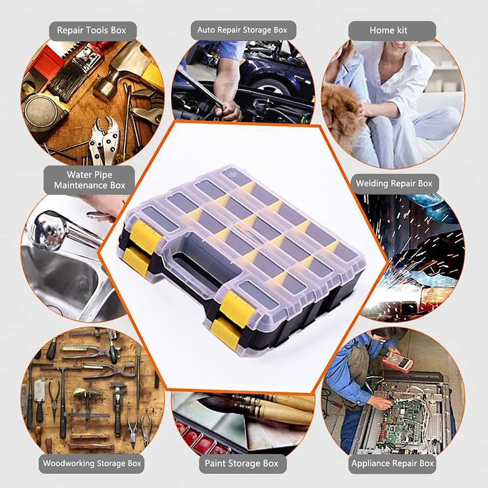 Caja organizadora de herramientas, caja de almacenamiento de piezas pequeñas, 34 compartimentos, organizadores de hardware de doble cara con divisores de plástico extraíbles para tornillos, tuercas