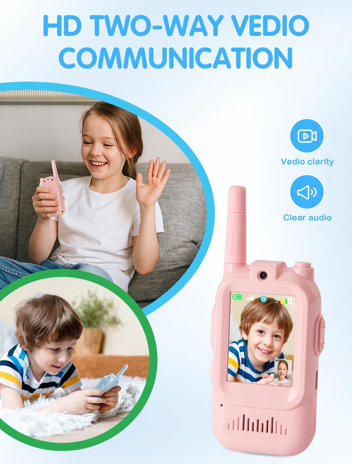 Walkie Talkies de video para niños, paquete de 2 recargables con pantalla, Rosa-Rosa