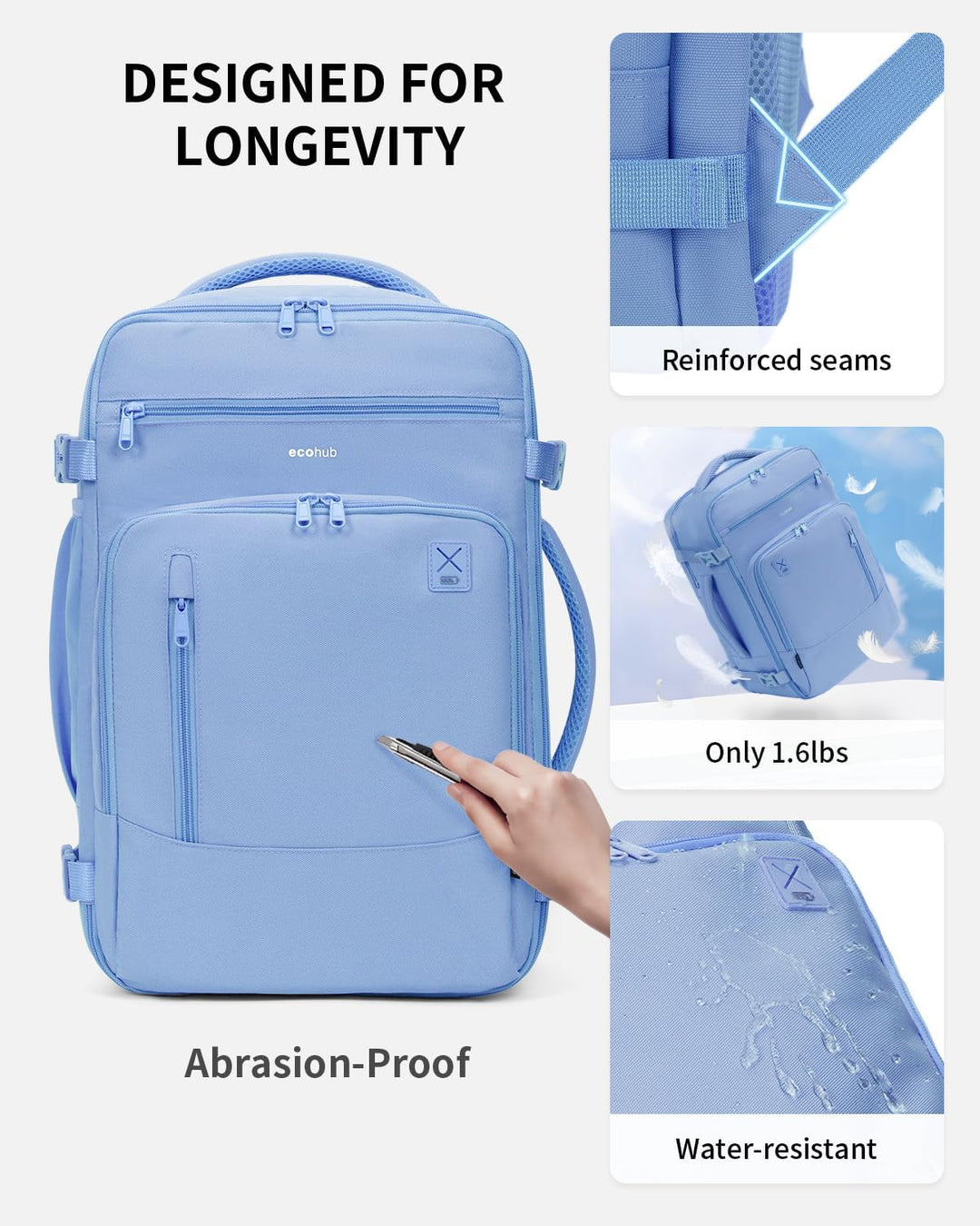 ECOHUB Mochila de Viaje Mochila de Equipaje de Mano, Azul claro, Mo...
