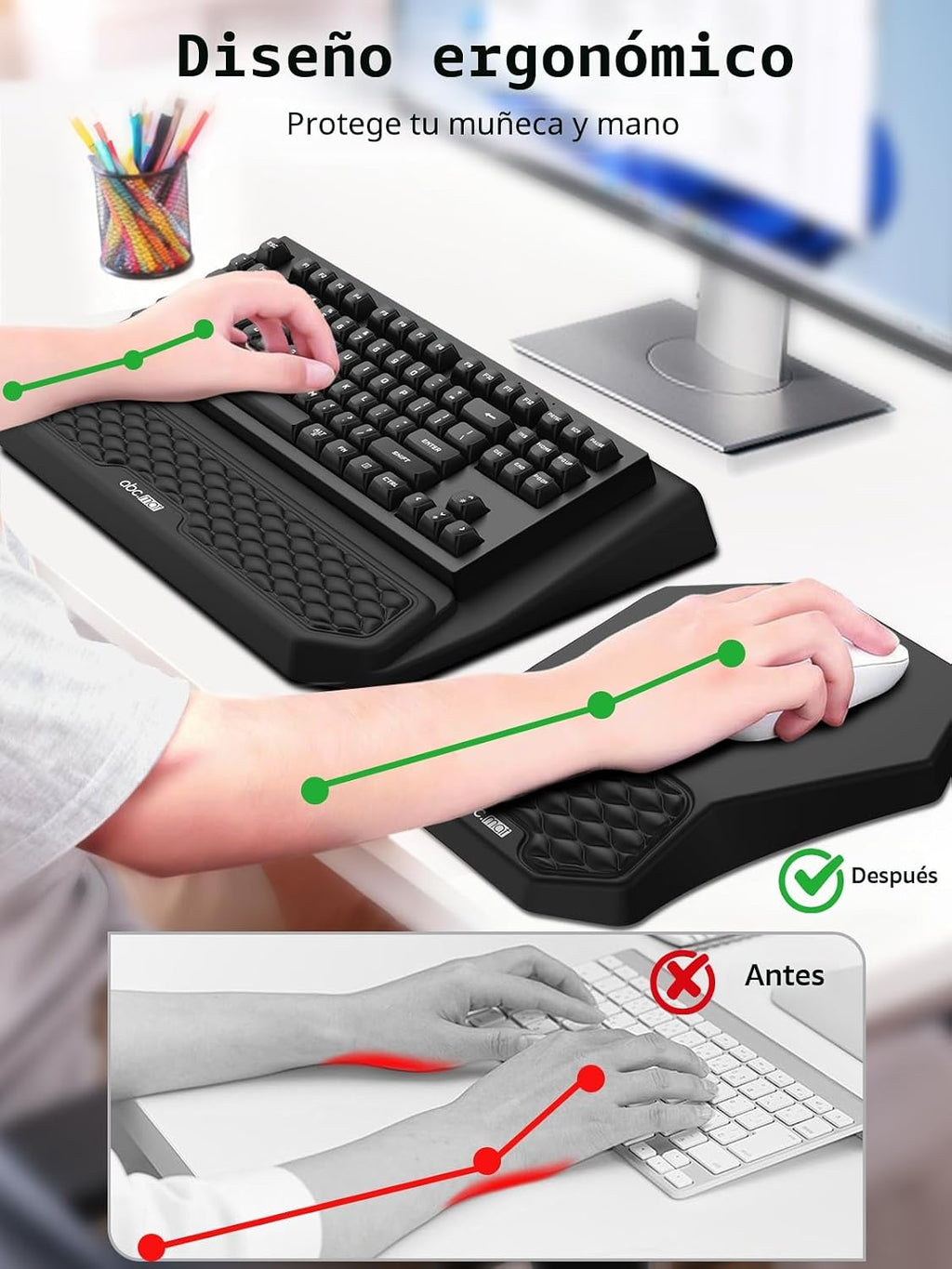 Set de teclado ergonómico 3 en 1 con soporte para muñeca y alfombrilla para ratón, negro