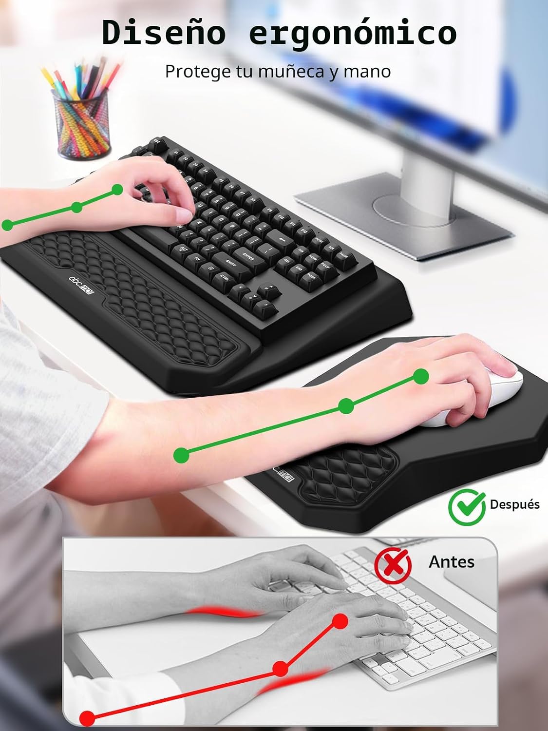 Set de teclado ergonómico 3 en 1 con soporte para muñeca y alfombrilla para ratón, negro