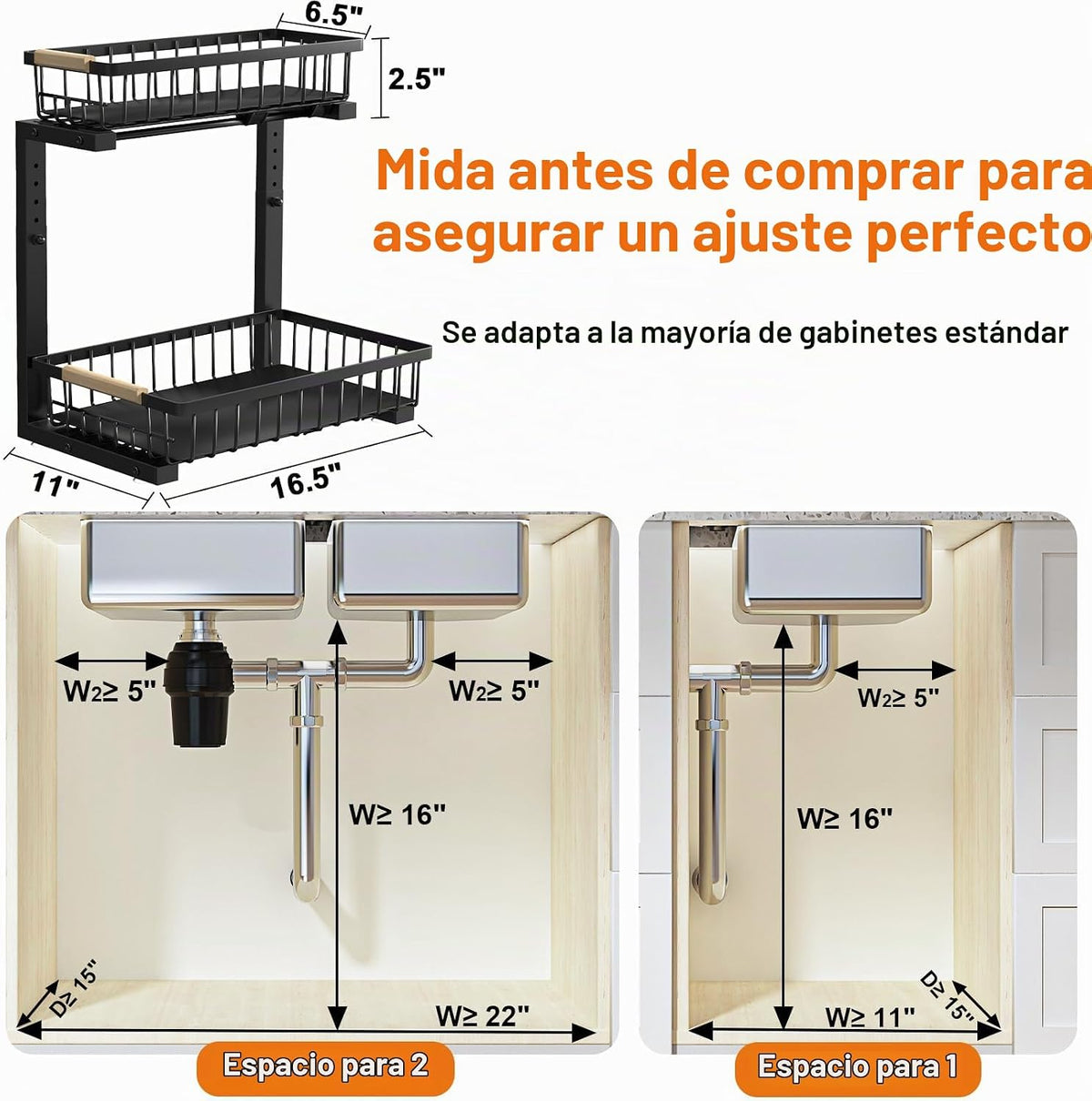 Organizador para debajo del fregadero, paquete de 2 organizadores y almacenamiento de altura ajustable debajo del fregadero, 2 niveles de cajón extraíble para almacenamiento para cocina y baño