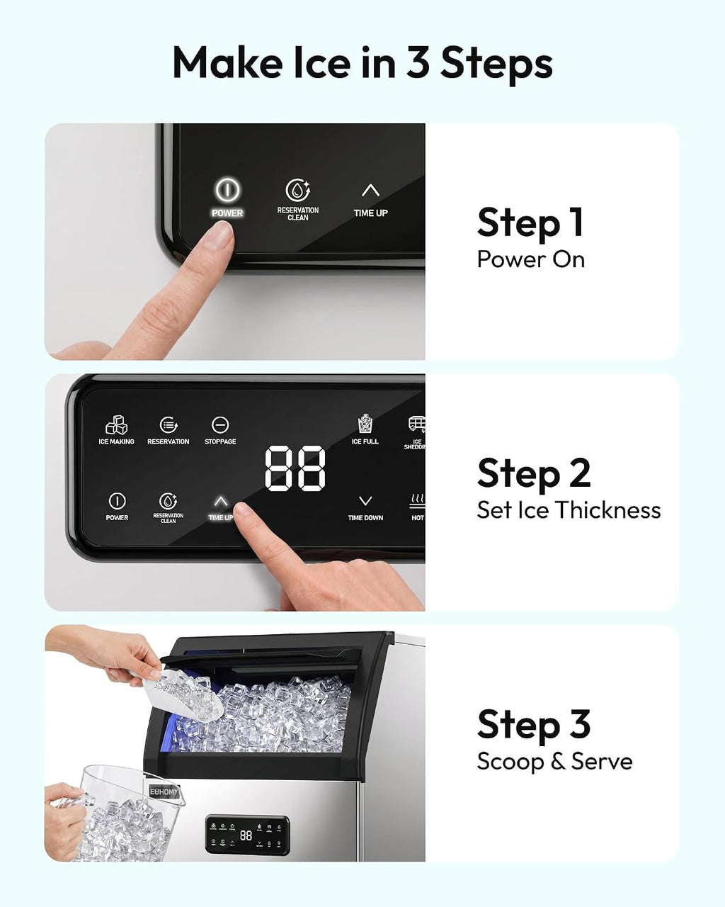 EUHOMY Máquina de hielo comercial, 120 libras/24 horas, máquina de hielo de acero inoxidable debajo del mostrador con filtro de agua, capacidad de almacenamiento de 33 libras, 45 cubos en 8-12 minutos