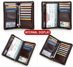 Cartera de viaje de cuero de grano superior para hombre y mujer, hecha a mano con tres capas para 4 pasaportes y múltiples tarjetas, bloqueo RFID de gran capacidad para tarjetas, pasaportes, boletos, azul