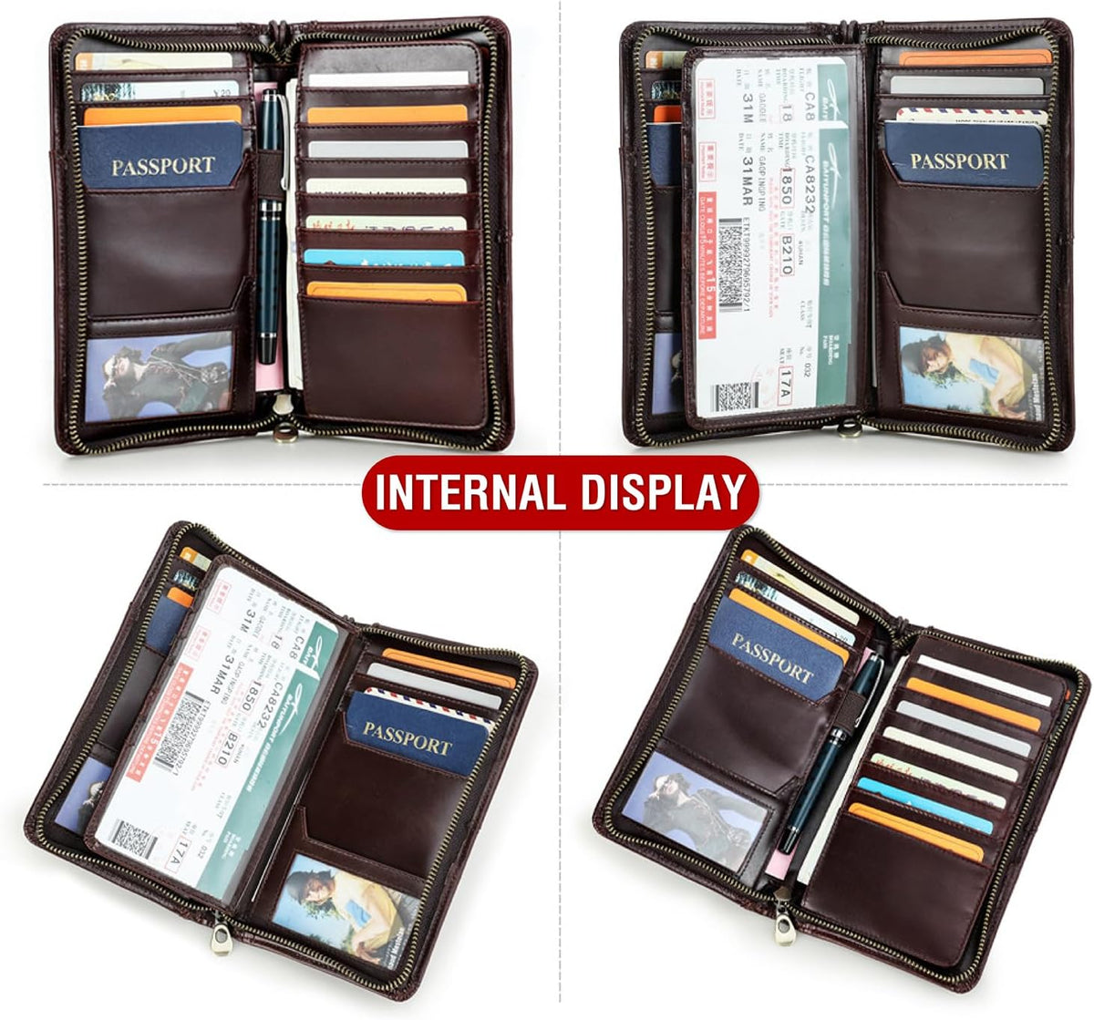 Cartera de viaje de cuero de grano superior para hombre y mujer, hecha a mano con tres capas para 4 pasaportes y múltiples tarjetas, bloqueo RFID de gran capacidad para tarjetas, pasaportes, boletos, azul