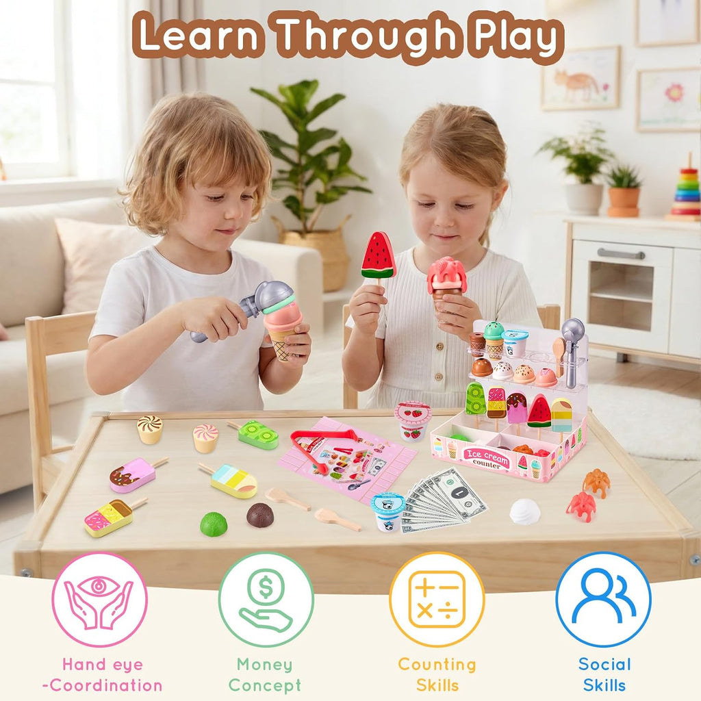 Ehome - Juguete plegable de helado para niños, juego de comida con pantalla de almacenamiento, juego de helados para niños pequeños, regalos de cumpleaños para niñas de 3 a 6 años (rosa)