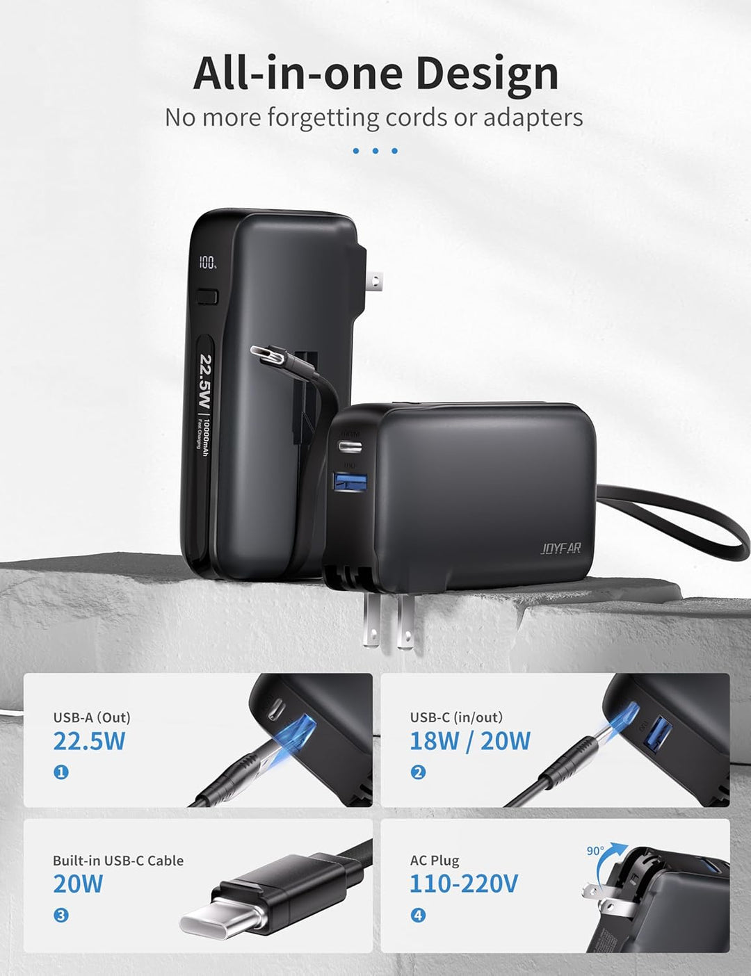 JOYFAR Cargador portátil de 22.5 W con cable USB-C integrado y ench...