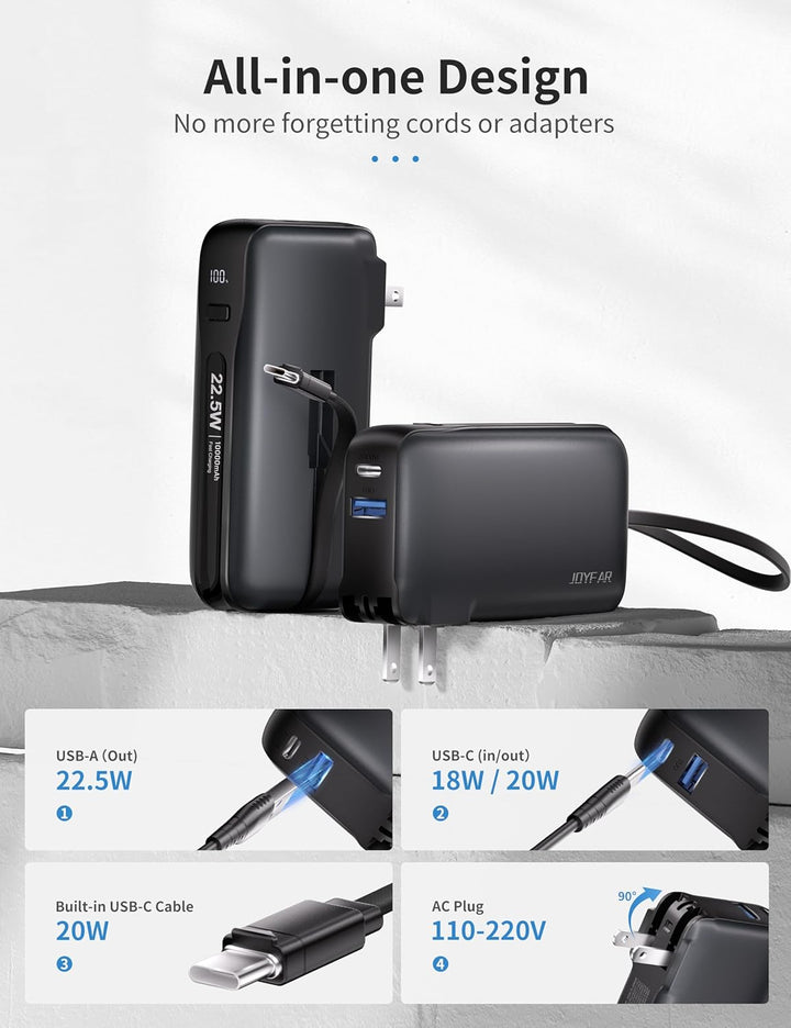 JOYFAR Cargador portátil de 22.5 W con cable USB-C integrado y ench...
