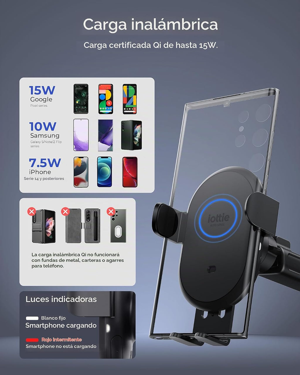 iOttie Auto Sense 2 - Soporte para teléfono de auto para salpicadero y parabrisas con carga inalámbrica Qi, soporte de teléfono y cargador de sujeción automática para iPhone, Google Pixel