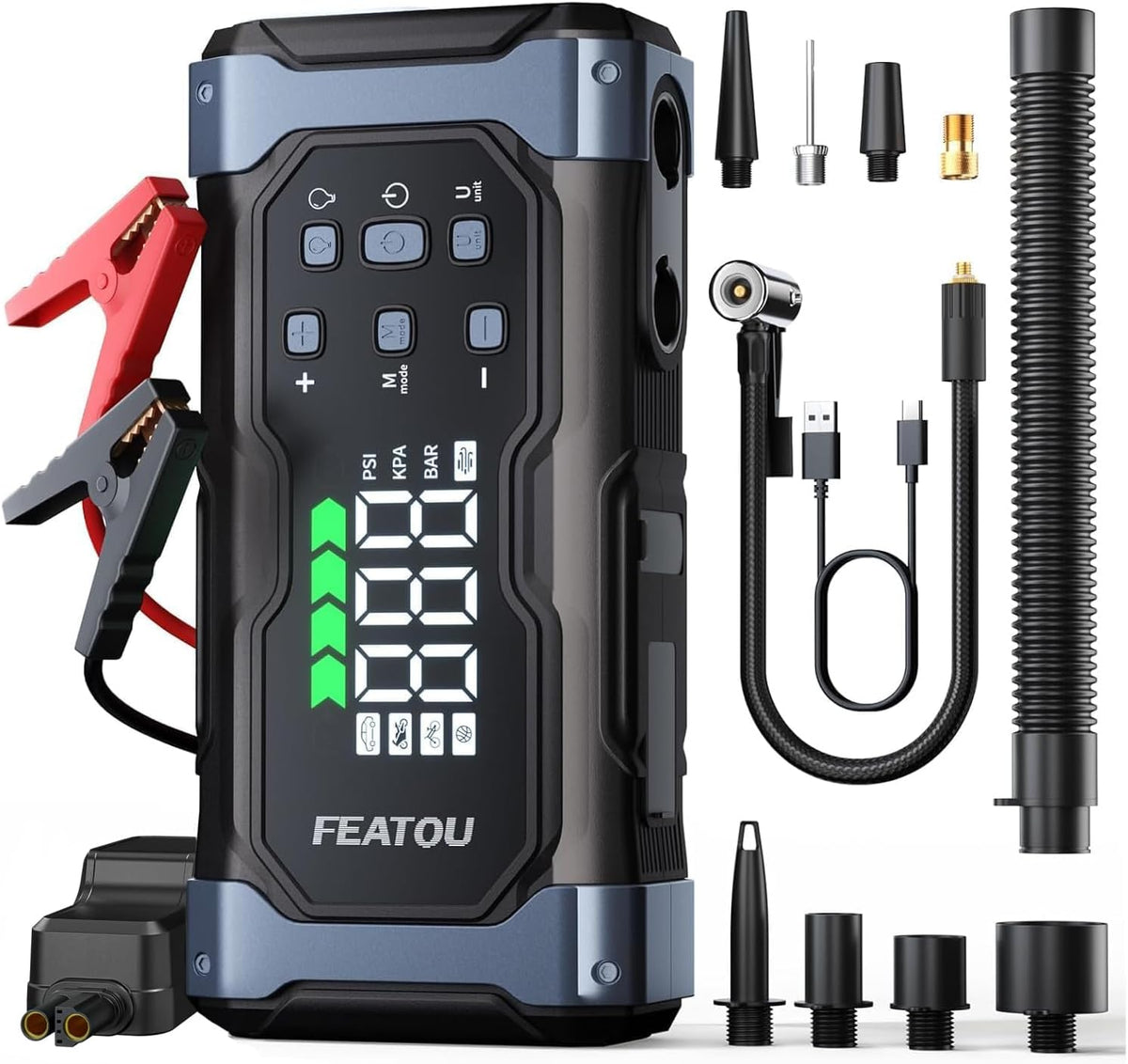 Arrancador de alta potencia de 9000 A con compresor de aire, batería de coche de 12 V, caja de salto portátil para automóvil (todo a gas/14L diesel) con inflador de neumáticos, carga rápida PD de 30 W, arranque de batería forzado