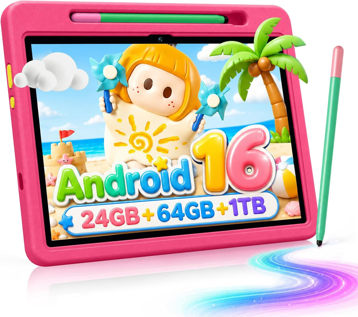 Android 16 Kids Tablet HD de 10 pulgadas con lápiz capacitivo y funda, 24