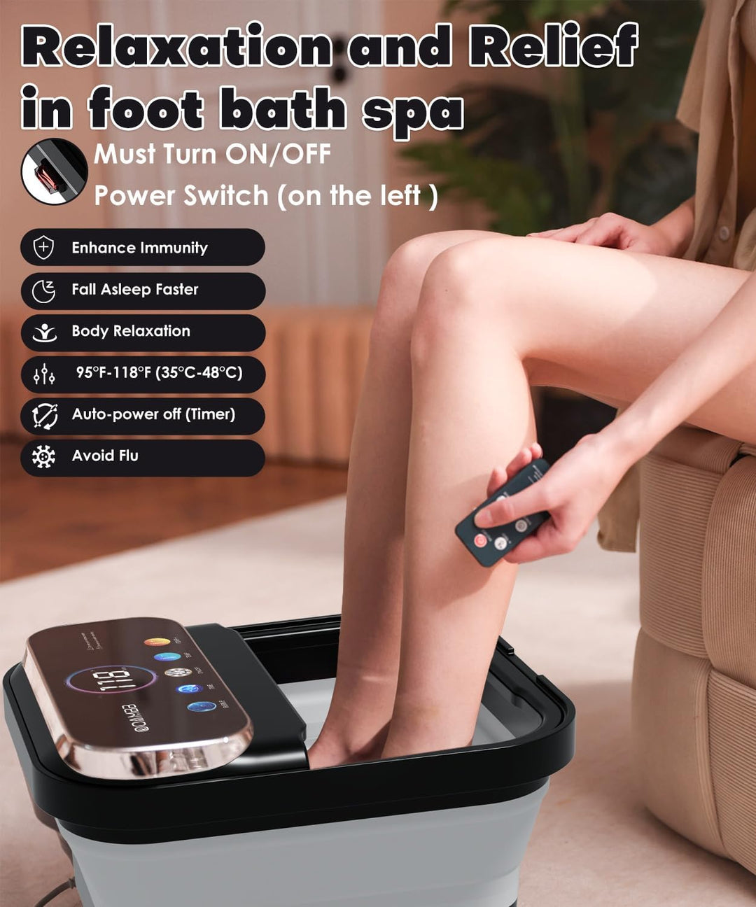 OOAMBB Spa de pies plegable con calor, burbujas, control de tempera...