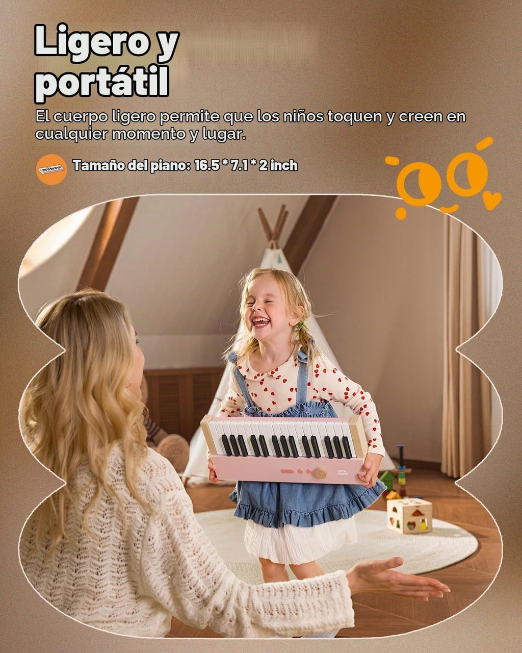 Teclado de piano para niños, piano digital de 32 teclas para niños, instrumento educativo musical para principiantes, mini teclado de madera para niños, rosa claro