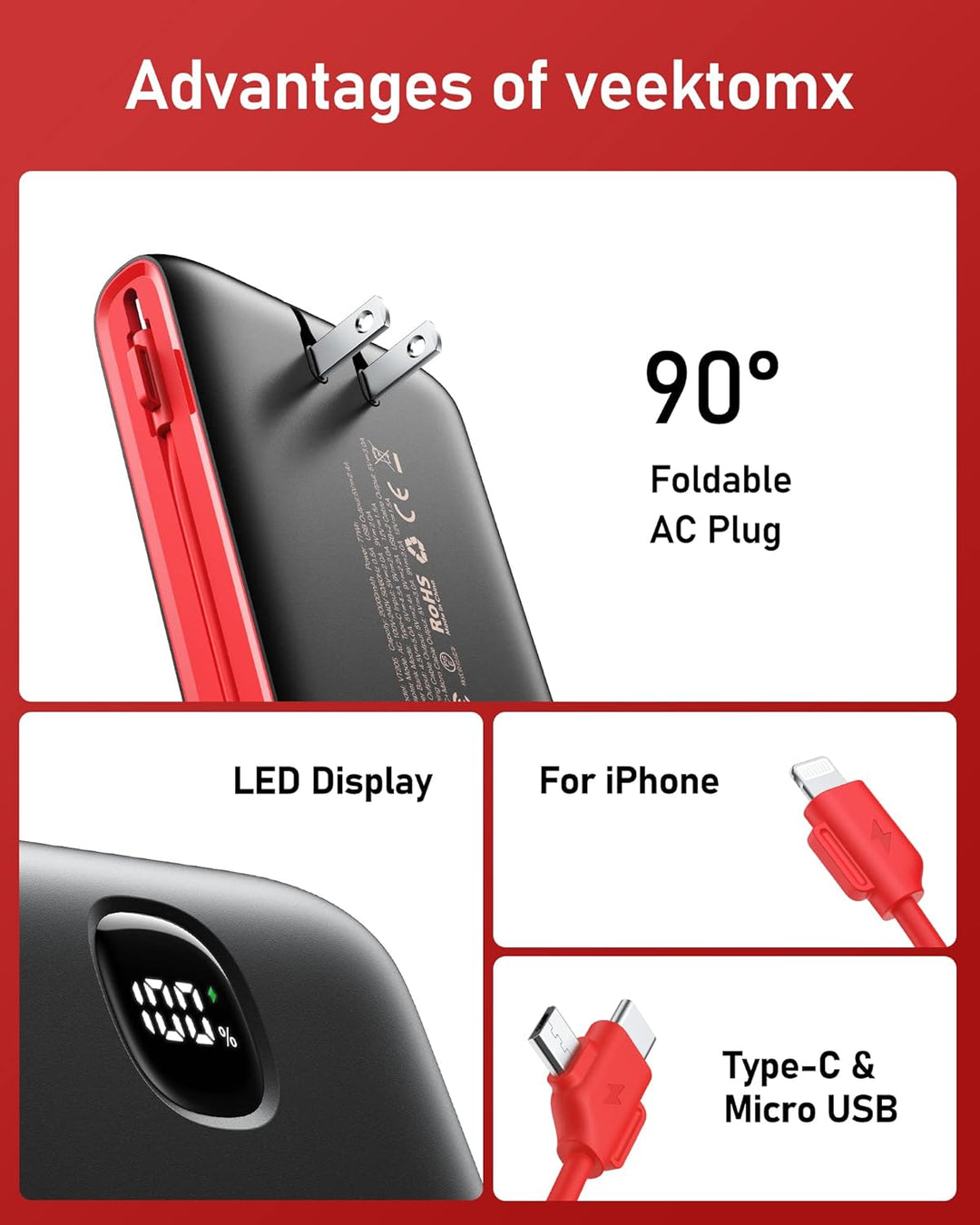VEEKTOMX Cargador portátil con cables integrados de 20000 mAh, banc...
