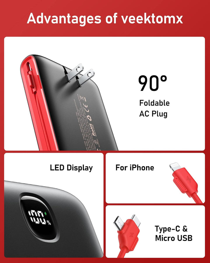 VEEKTOMX Cargador portátil con cables integrados de 20000 mAh, banc...
